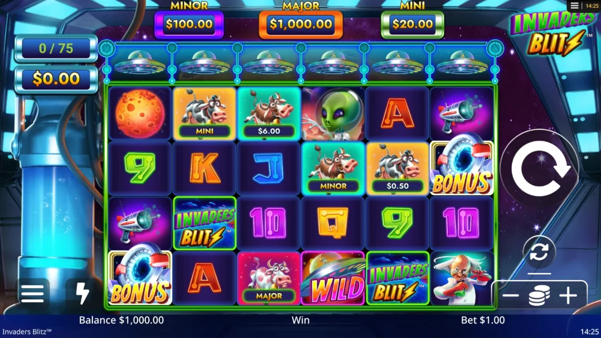Tampilan antarmuka slot Invaders Blitz dengan tema invasi alien dan sapi luar angkasa.